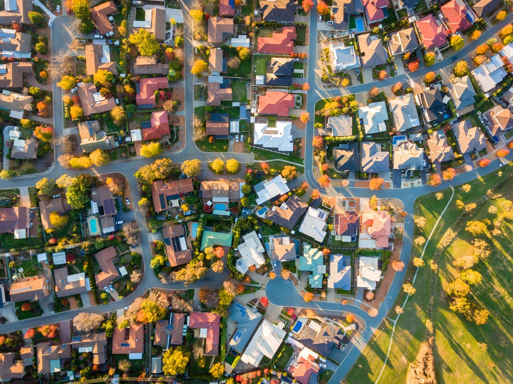 an aerial view of the suburbs